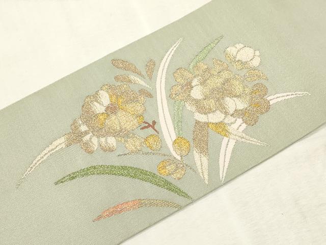 平和屋着物●爪掻き本綴れ つけ帯 地紙草花文 金糸 正絹 逸品 CABH6451dy