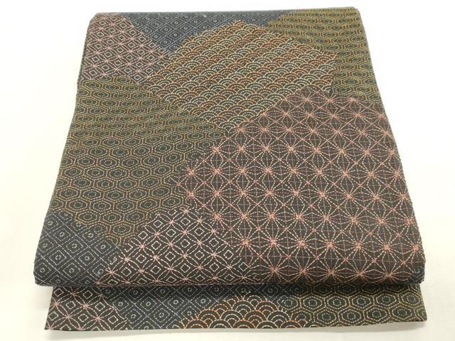 平和屋着物●全通柄袋帯 総刺繍 刺し子 吉祥文 黒地 正絹 逸品 CABH6489dy