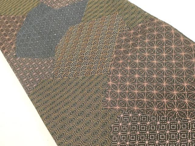 平和屋着物●全通柄袋帯 総刺繍 刺し子 吉祥文 黒地 正絹 逸品 CABH6489dy
