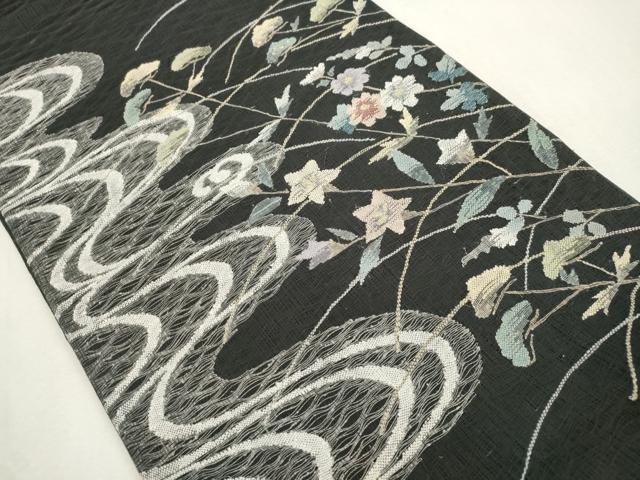 平和屋着物▽太鼓柄袋帯 スリーシーズン 春夏秋 すくい織 流水草花文 黒地 金銀糸 正絹 逸品 CABH6621dy