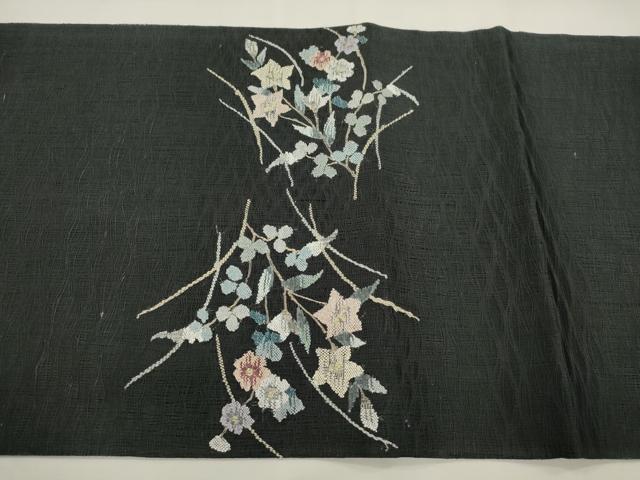 平和屋着物▽太鼓柄袋帯 スリーシーズン 春夏秋 すくい織 流水草花文 黒地 金銀糸 正絹 逸品 CABH6621dy
