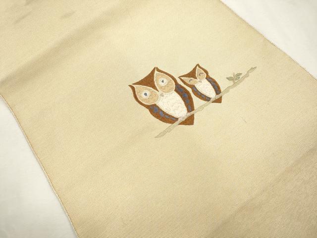 平和屋着物●八寸名古屋帯 総刺繍 梟 金糸 正絹 逸品 CABH6633dy
