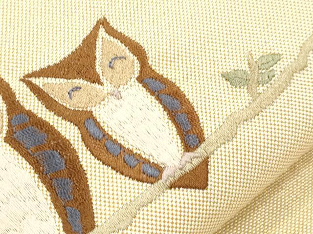 平和屋着物●八寸名古屋帯 総刺繍 梟 金糸 正絹 逸品 CABH6633dy