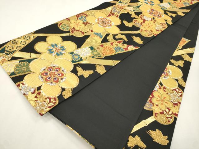 平和屋着物●六通柄袋帯 花蝶文 黒地 金糸 三越扱い 正絹 逸品 CABH6655dy