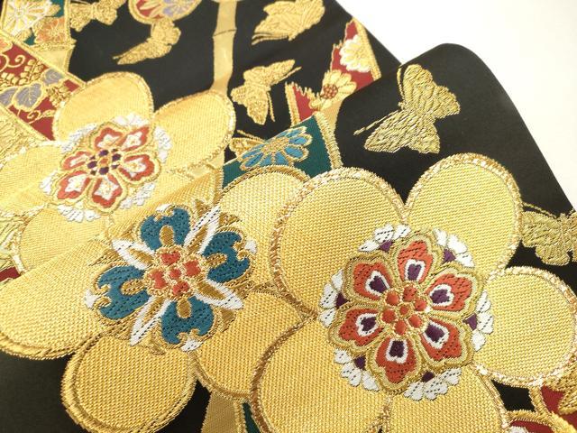 平和屋着物●六通柄袋帯 花蝶文 黒地 金糸 三越扱い 正絹 逸品 CABH6655dy