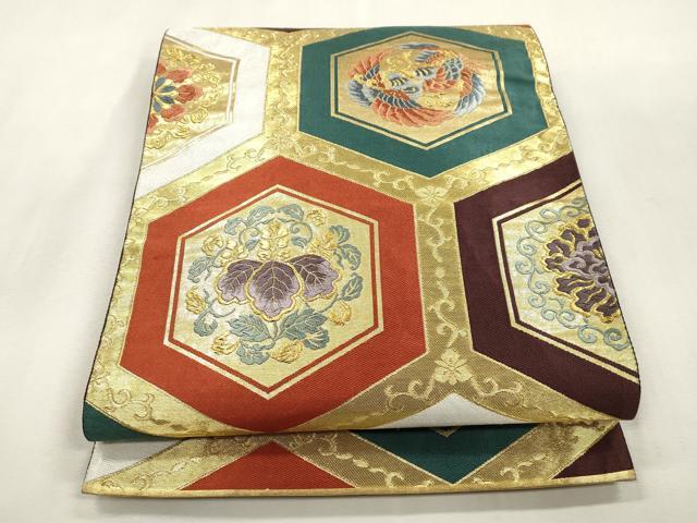 平和屋着物●六通柄袋帯 亀甲鳳凰花文 金糸 正絹 逸品 CABH6673dy