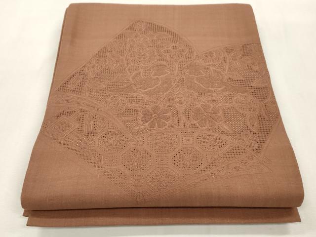 平和屋着物●中国三大刺繍 スワトウ刺繍 相良刺繍 総刺繍 太鼓柄袋帯 紬地 冊子花鳥文 焦香色 正絹 逸品 CABH6683dy