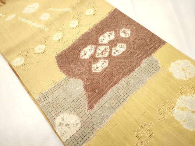 平和屋着物●中国三大刺繍 スワトウ刺繍 相良刺繍 総刺繍 両面 袋帯 紬地 絞り 横段文 正絹 逸品 CABH6685dy