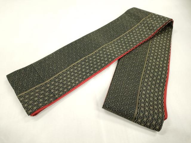 平和屋着物●半幅帯 麻の葉文 黒地 金糸 正絹 逸品 CABH6696dy