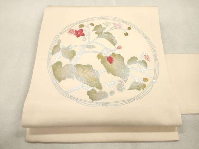 平和屋着物●塩瀬 九寸名古屋帯 駒刺繍 草花文 銀彩 正絹 逸品 CABH6717dy