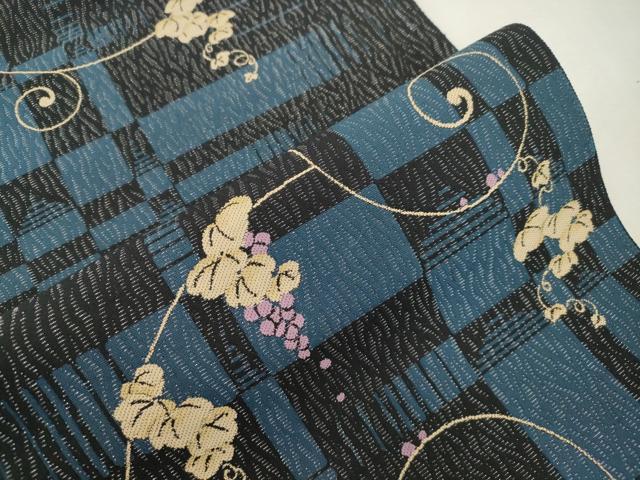 平和屋着物●八寸名古屋帯 葡萄蔦の葉文 黒地 銀通し地 正絹 逸品 CABH6719dy