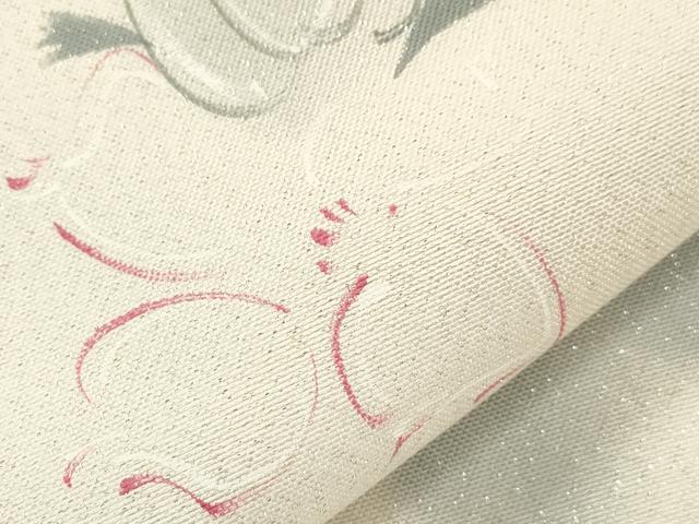 平和屋着物●染色作家 斉藤三才 九寸名古屋帯 草花文 銀糸 正絹 逸品 CABH6728dy