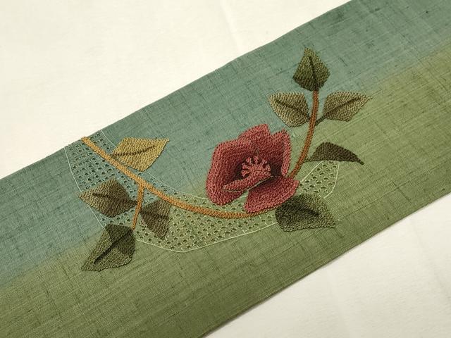 平和屋着物●中国三大刺繍 スワトウ刺繍 相良刺繍 総刺繍 九寸名古屋帯 紬地 草花文 正絹 逸品 未使用 CABH6782dy