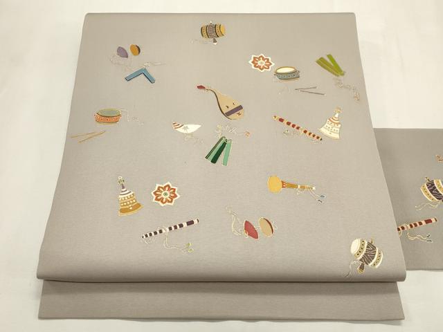 平和屋着物●塩瀬 九寸名古屋帯 楽器文 金彩 正絹 逸品 CABH6784dy