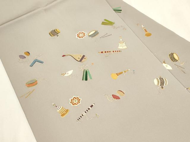 平和屋着物●塩瀬 九寸名古屋帯 楽器文 金彩 正絹 逸品 CABH6784dy