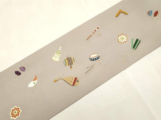 平和屋着物●塩瀬 九寸名古屋帯 楽器文 金彩 正絹 逸品 CABH6784dy