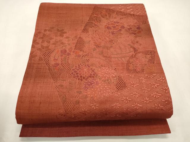 平和屋着物●中国三大刺繍 スワトウ刺繍 総刺繍 太鼓柄袋帯 紬地 色紙重ね草花文 正絹 逸品 未使用 CABH6790dy