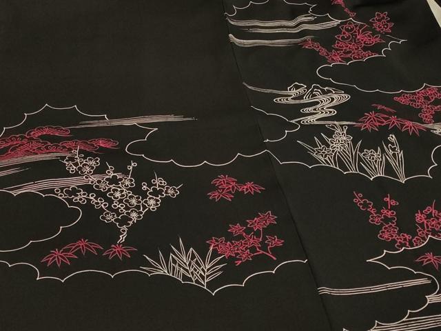 平和屋着物#羽織 雲取り流水花文 黒地 正絹 逸品 CABH6833in