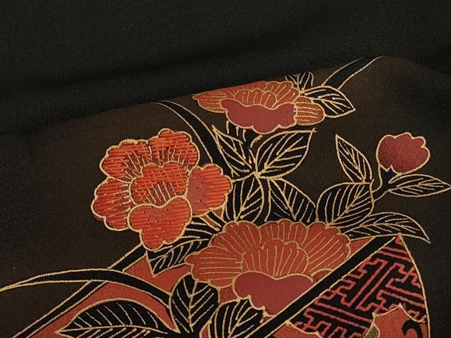 平和屋着物#羽織 刺繍 文箱草花文 黒地 金彩 正絹 逸品 CABH6841in