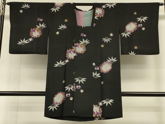 平和屋着物∞道行コート 草花文 黒地 ロング丈 正絹 逸品 CABH6860in