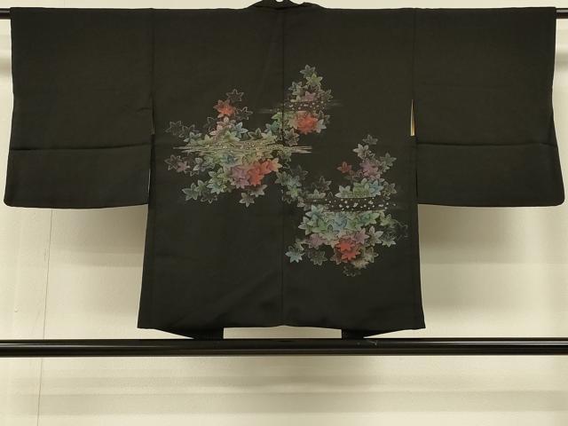 平和屋着物#羽織 寿光織 霞葉づくし文 黒地 金糸 正絹 逸品 CABH6872in