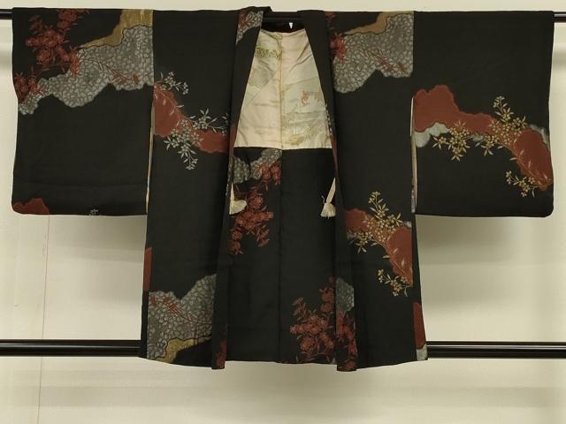 平和屋着物#羽織 寿光織 霞枝花文 黒地 金銀糸 正絹 逸品 CABH6892in