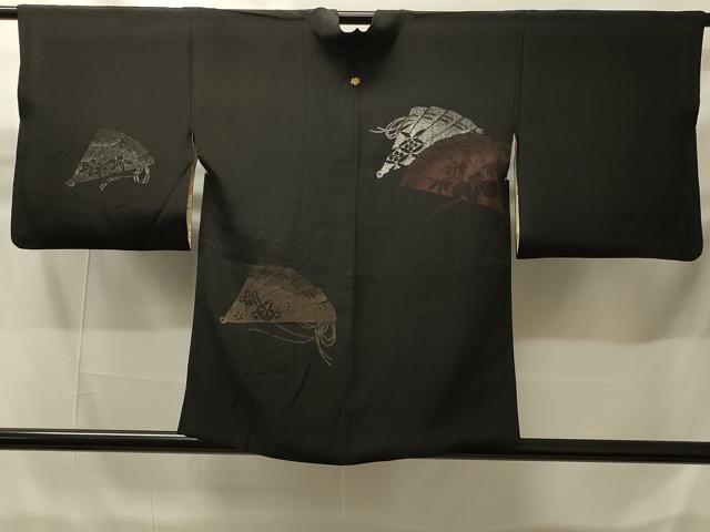 平和屋着物#羽織 寿光織 扇面花文 黒地 銀糸 正絹 逸品 CABH6901in