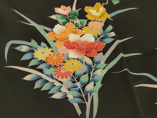 平和屋着物#羽織 友禅 草花文 黒地 正絹 逸品 未使用 CABH6923in