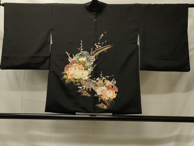 平和屋着物#羽織 渡り橋草花文 黒地 金彩 正絹 逸品 CABH6928in