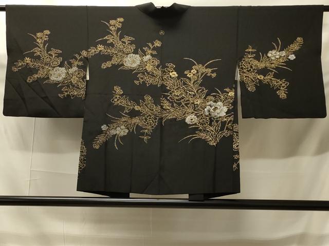 平和屋着物#羽織 寿光織 草花文 黒地 金銀糸 正絹 逸品 CABH6939in