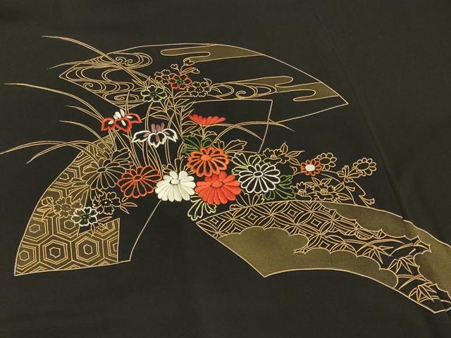 平和屋着物#羽織 刺繍 地紙吉祥草花文 黒地 金彩 正絹 逸品 CABH6952in