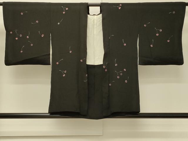 平和屋着物#羽織 手描き さくらんぼ 黒地 正絹 逸品 CABH6957in