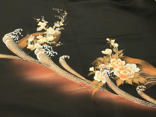 平和屋着物#羽織 立波地紙花文 暈し染め 黒地 金銀彩 正絹 逸品 CABH6958in
