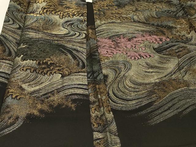 平和屋着物#羽織 寿光織 立波文 黒地 金銀糸 正絹 逸品 未使用 CABH6964in