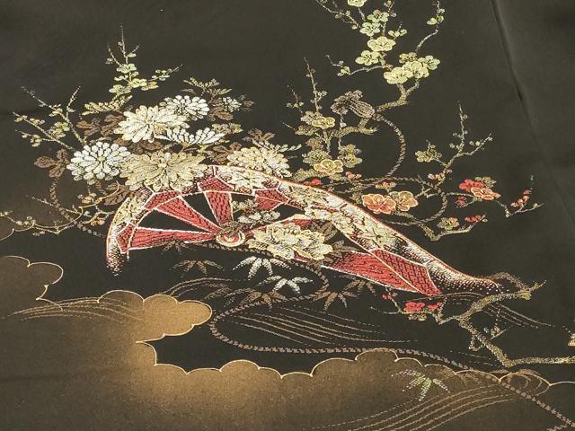 平和屋着物#羽織 寿光織 雲取り片輪車花文 黒地 金銀糸 正絹 逸品 CABH6981in
