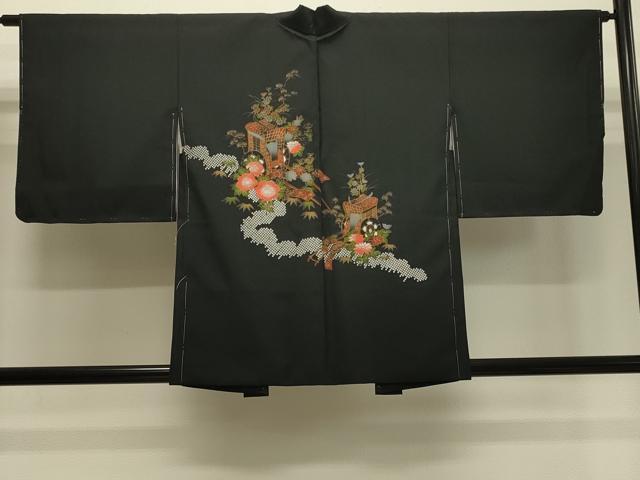 平和屋着物#羽織 道長御所車花文 黒地 金彩 正絹 逸品 未使用 CABH7051in