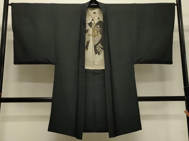平和屋着物#男性 長羽織 紬地 黒緑色 正絹 逸品 CABH7077in