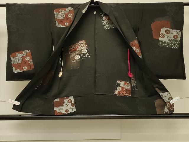 平和屋着物#羽織 単衣 寿光織 色紙流水花文 黒地 銀糸 正絹 逸品 CABH7116in