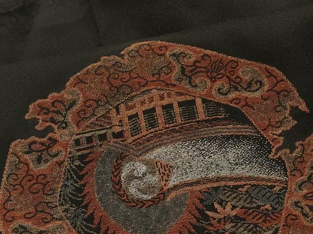 平和屋着物#羽織 寿光織 絵皿風景文 黒地 銀糸 正絹 逸品 CABH7117in