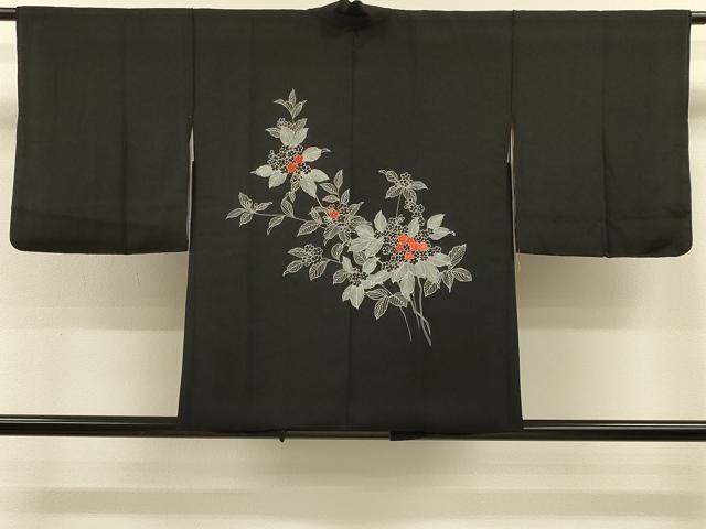 平和屋着物#羽織 刺繍 草花文 黒地 正絹 逸品 CABH7157in