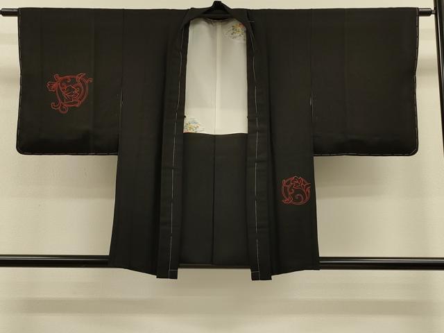 平和屋着物#羽織 刺繍 葡萄蔦の葉丸文 黒地 金糸 正絹 逸品 未使用 CABH7185in