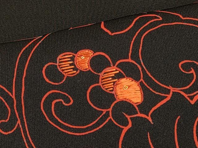平和屋着物#羽織 刺繍 葡萄蔦の葉丸文 黒地 金糸 正絹 逸品 未使用 CABH7185in