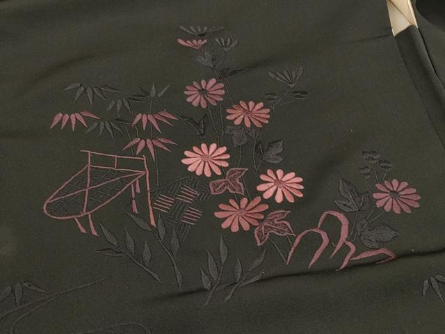 平和屋着物#羽織 総刺繍 流水草花文 黒地 正絹 逸品 CABH7186in