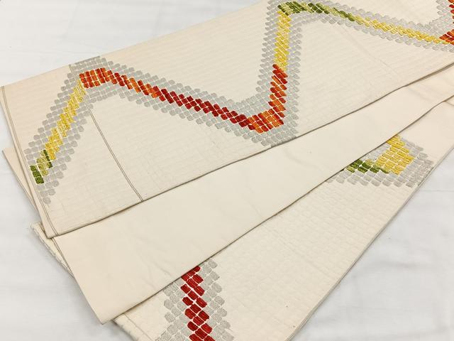 平和屋着物◎六通柄袋帯 幾何学文様 銀糸 正絹 逸品 CABH7203yk