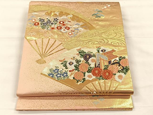 平和屋着物◎六通柄袋帯 唐織 扇面御所車花文 金糸 正絹 逸品 CABH7213yk