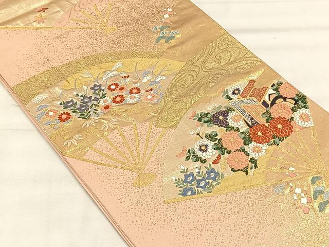 平和屋着物◎六通柄袋帯 唐織 扇面御所車花文 金糸 正絹 逸品 CABH7213yk
