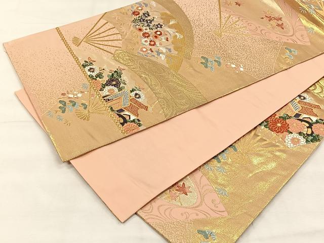 平和屋着物◎六通柄袋帯 唐織 扇面御所車花文 金糸 正絹 逸品 CABH7213yk