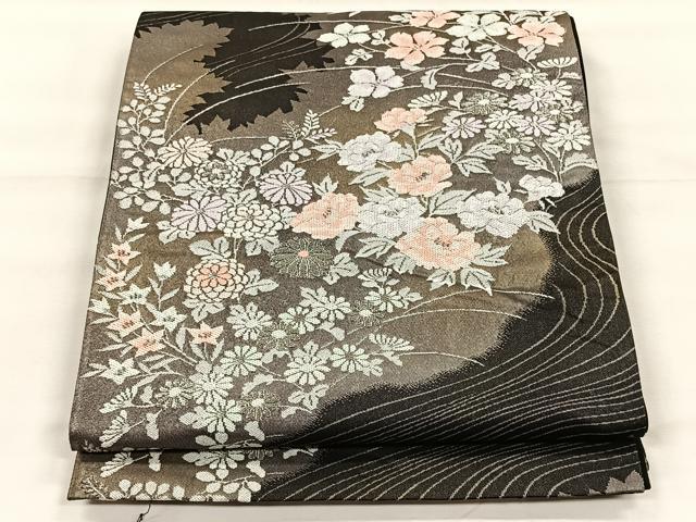 平和屋着物◎六通柄袋帯 流水草花文 銀糸 正絹 逸品 CABH7219yk