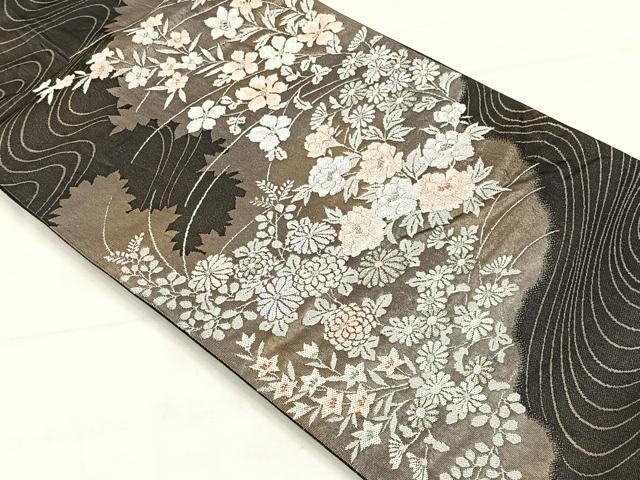 平和屋着物◎六通柄袋帯 流水草花文 銀糸 正絹 逸品 CABH7219yk
