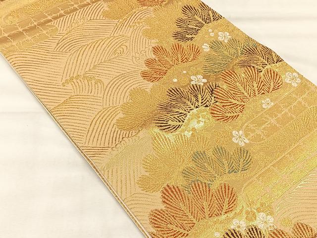 平和屋着物◎六通柄袋帯 流水草花文 金糸 正絹 逸品 CABH7229yk